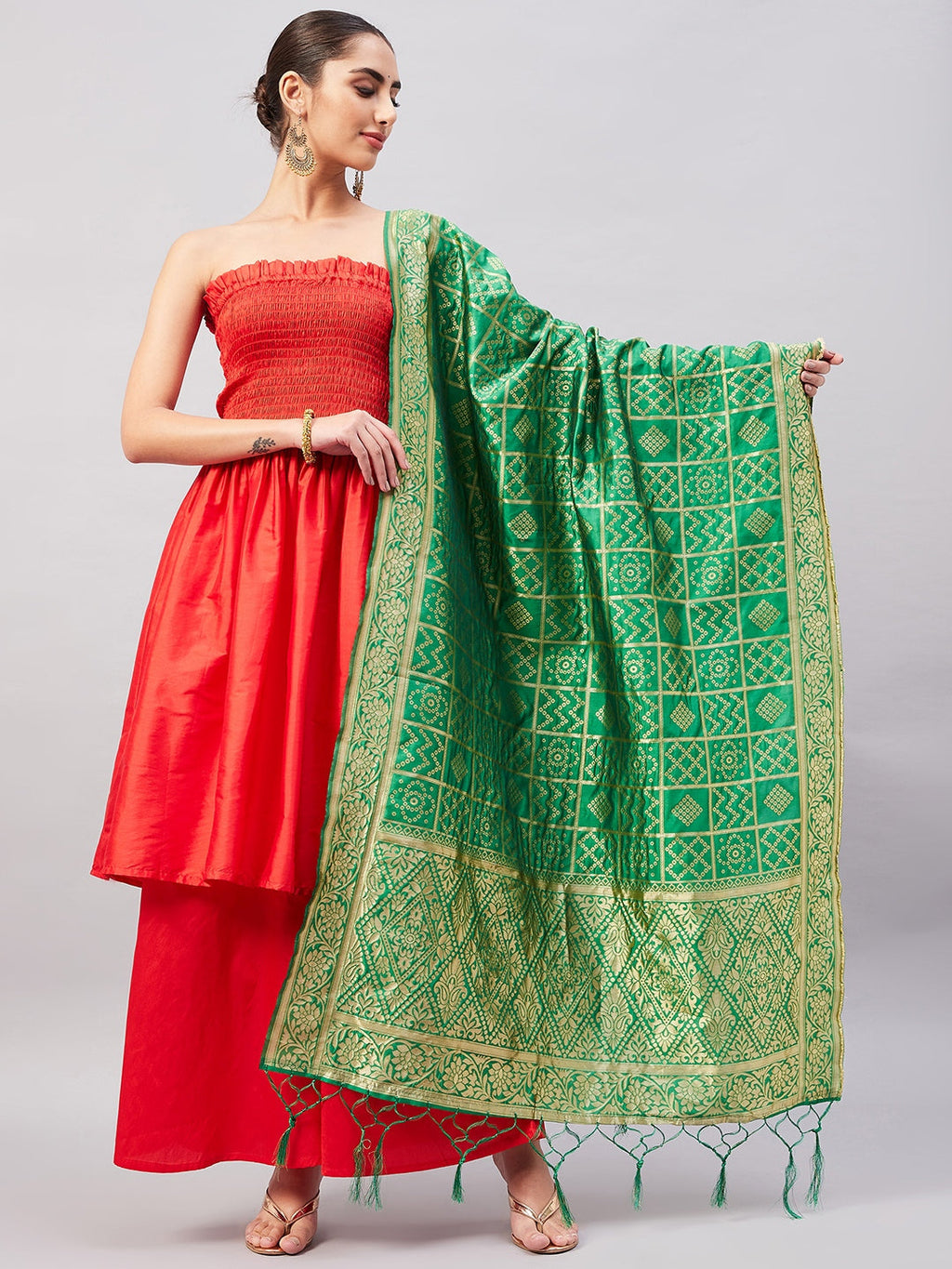 InWeave Women's Red Off Shoulder Kurta Set W Green Brocade Dupatta