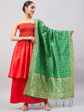 InWeave Women's Red Off Shoulder Kurta Set W Green Brocade Dupatta
