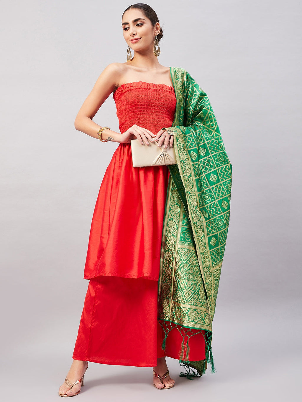 InWeave Women's Red Off Shoulder Kurta Set W Green Brocade Dupatta