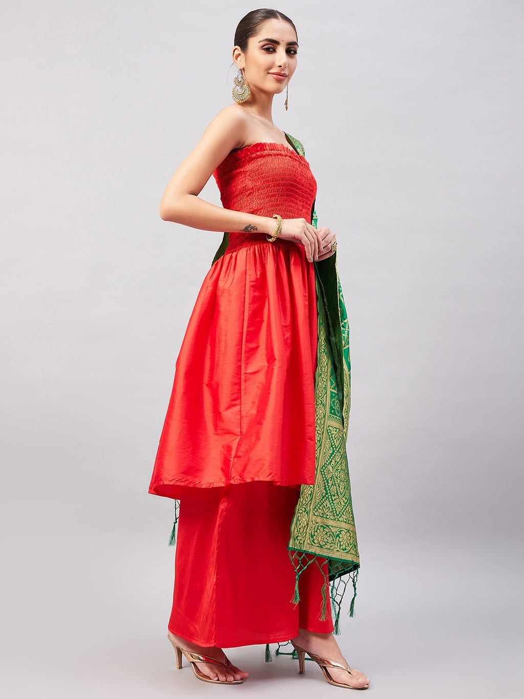 InWeave Women's Red Off Shoulder Kurta Set W Green Brocade Dupatta