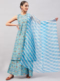 InWeave Women's Sky Blue Floral Halter Kurta Set W Sb Leh Organza Dupatta