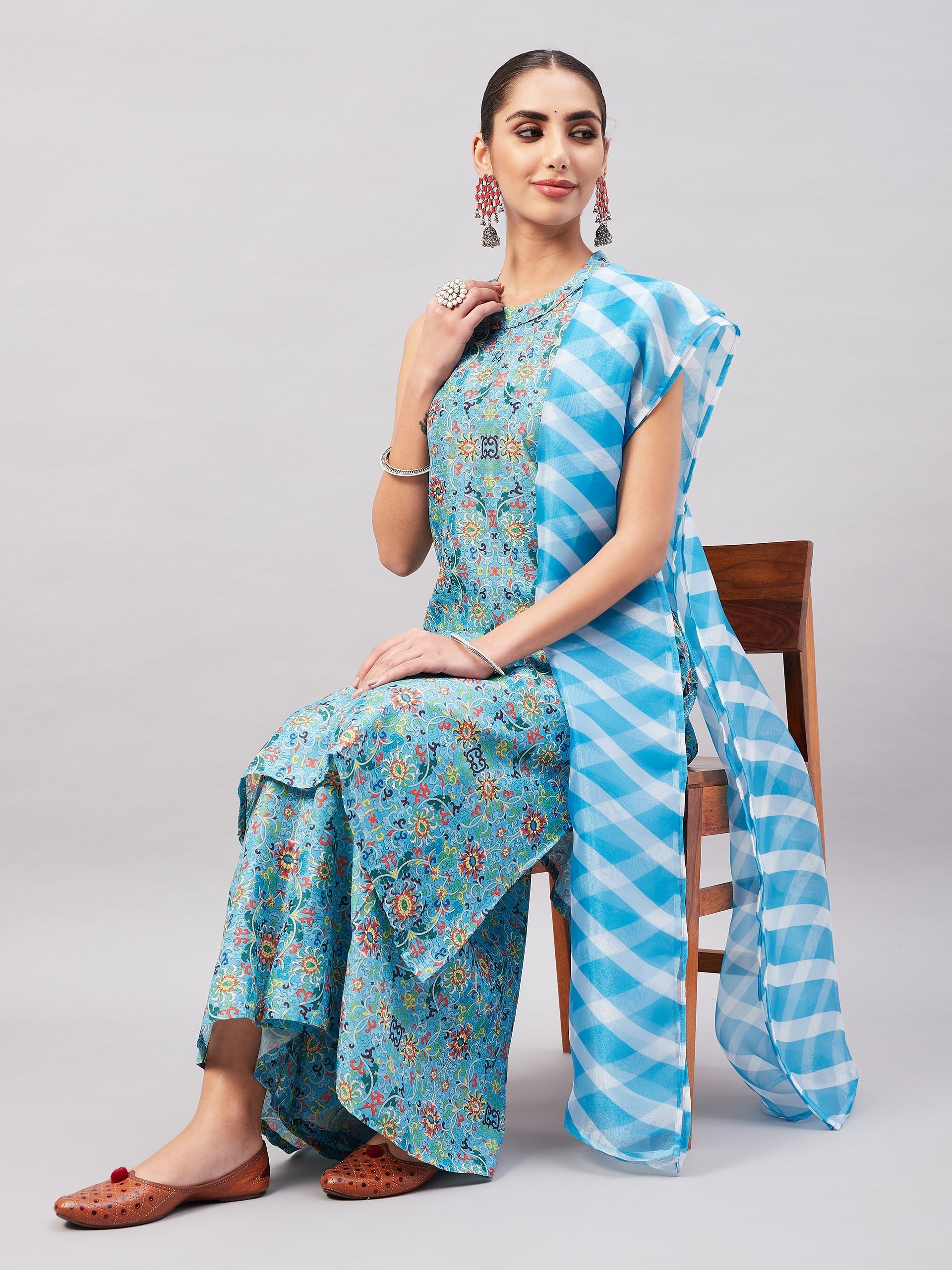 InWeave Women's Sky Blue Floral Halter Kurta Set W Sb Leh Organza Dupatta