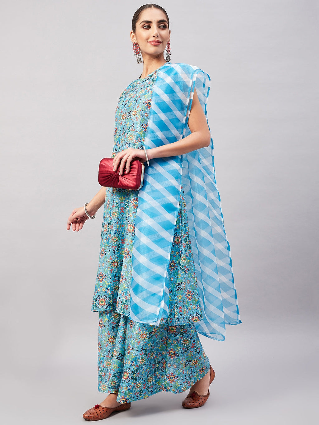 InWeave Women's Sky Blue Floral Halter Kurta Set W Sb Leh Organza Dupatta