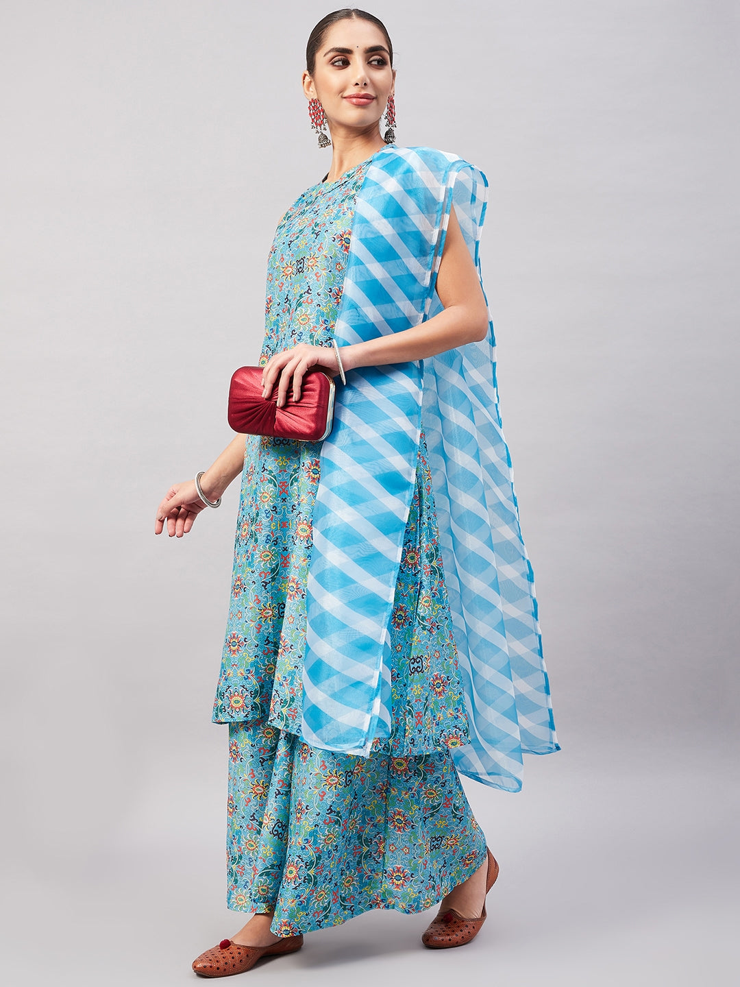 InWeave Women's Sky Blue Floral Halter Kurta Set W Sb Leh Organza Dupatta