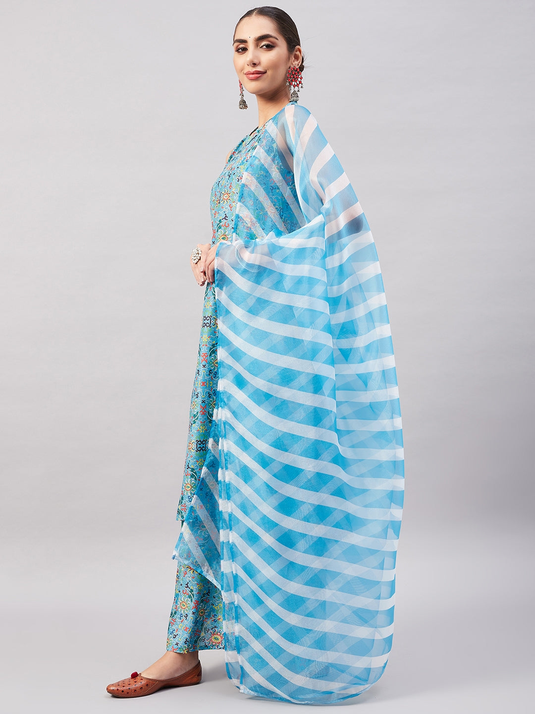 InWeave Women's Sky Blue Floral Halter Kurta Set W Sb Leh Organza Dupatta
