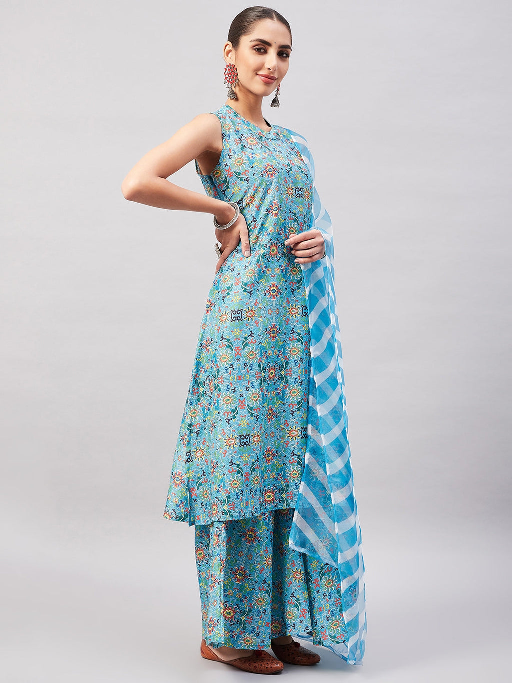 InWeave Women's Sky Blue Floral Halter Kurta Set W Sb Leh Organza Dupatta