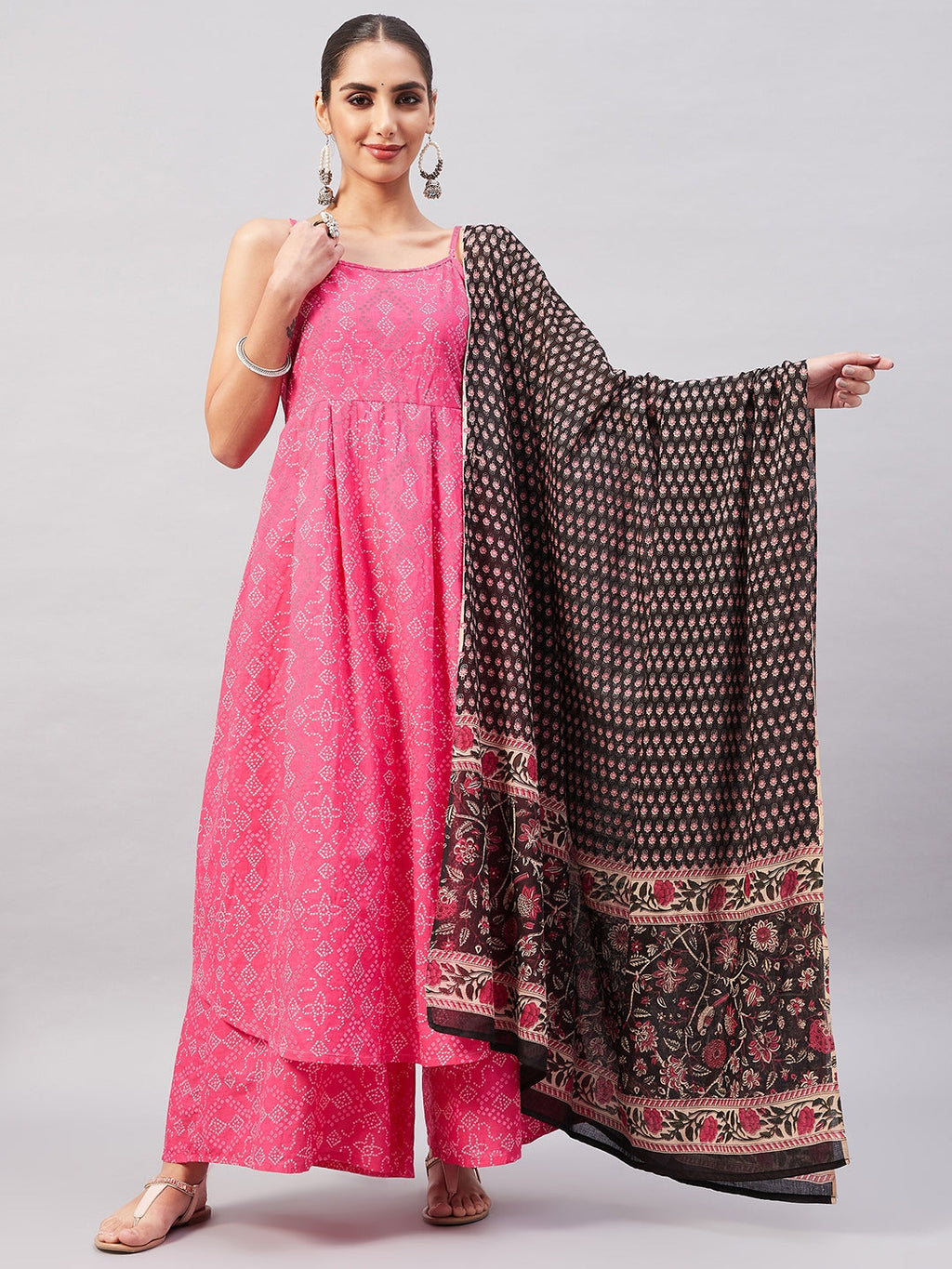 InWeave Women's Pink Bandhani Strappy Set W Black Pink Ethnic Dupatta