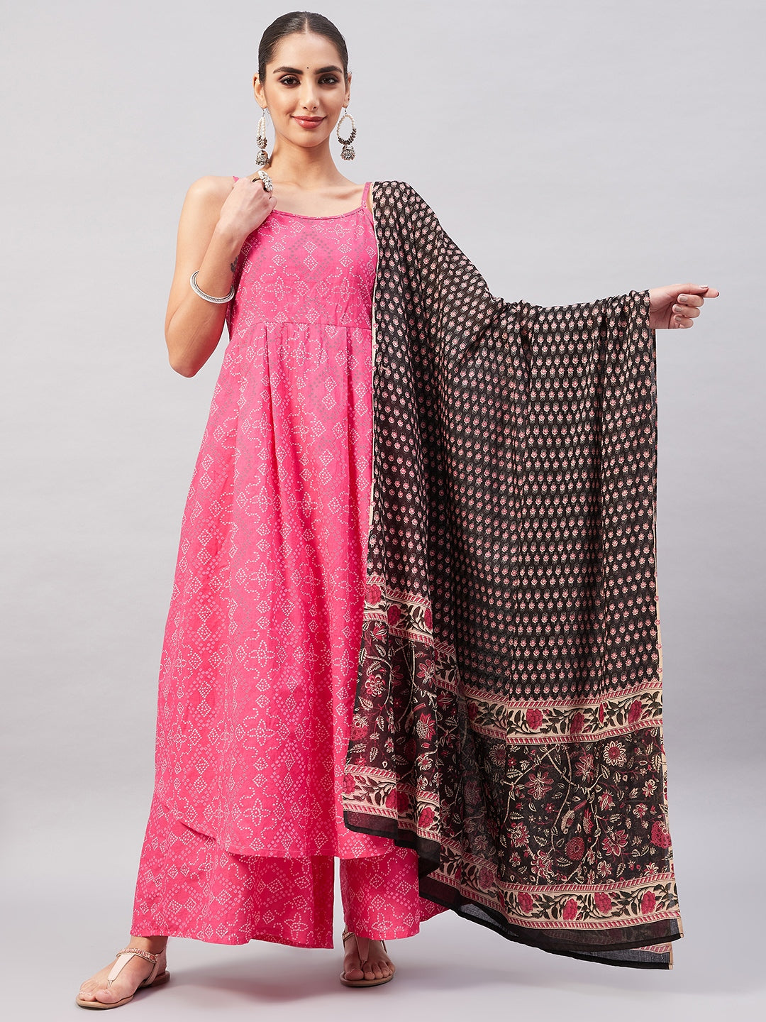 InWeave Women's Pink Bandhani Strappy Set W Black Pink Ethnic Dupatta