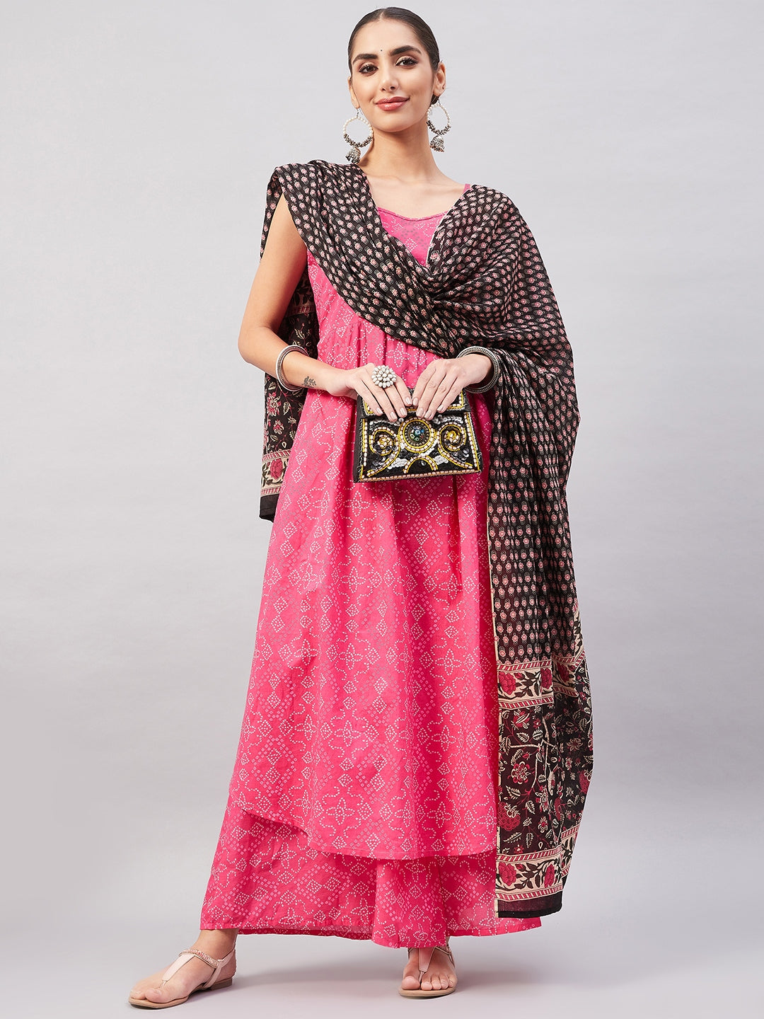 InWeave Women's Pink Bandhani Strappy Set W Black Pink Ethnic Dupatta
