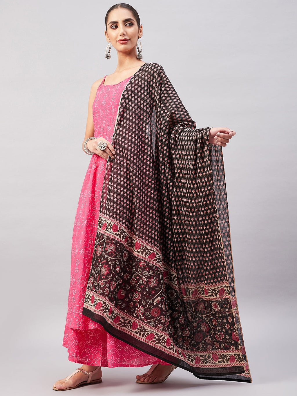 InWeave Women's Pink Bandhani Strappy Set W Black Pink Ethnic Dupatta
