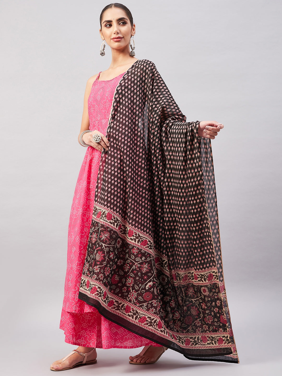 InWeave Women's Pink Bandhani Strappy Set W Black Pink Ethnic Dupatta