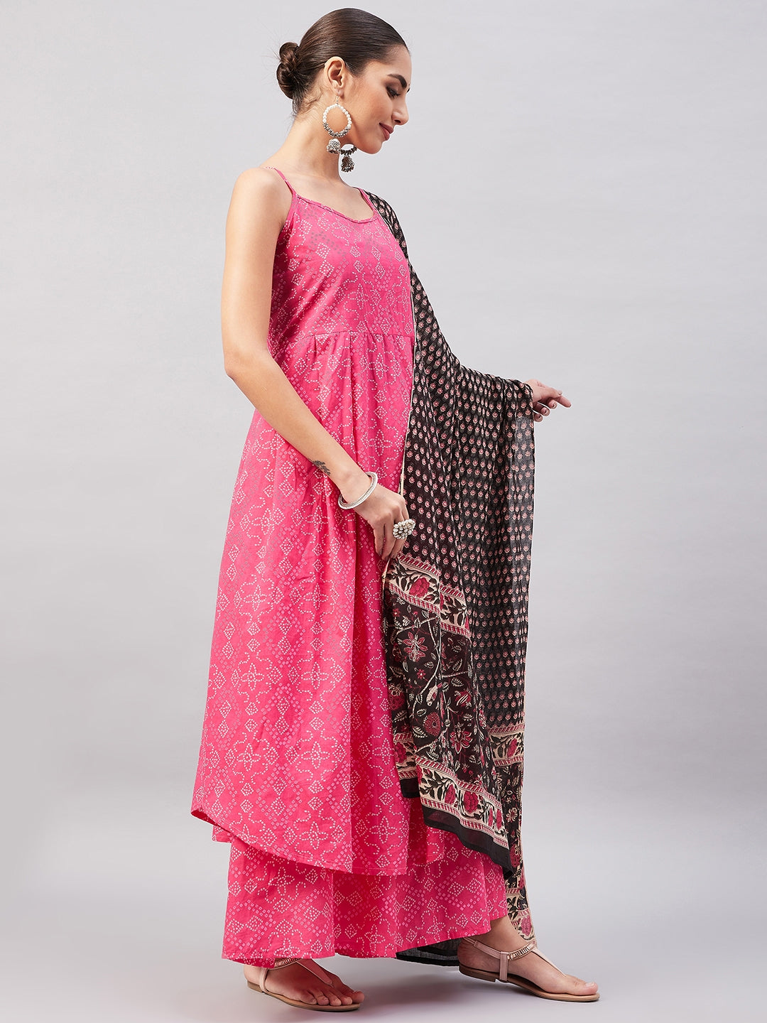 InWeave Women's Pink Bandhani Strappy Set W Black Pink Ethnic Dupatta