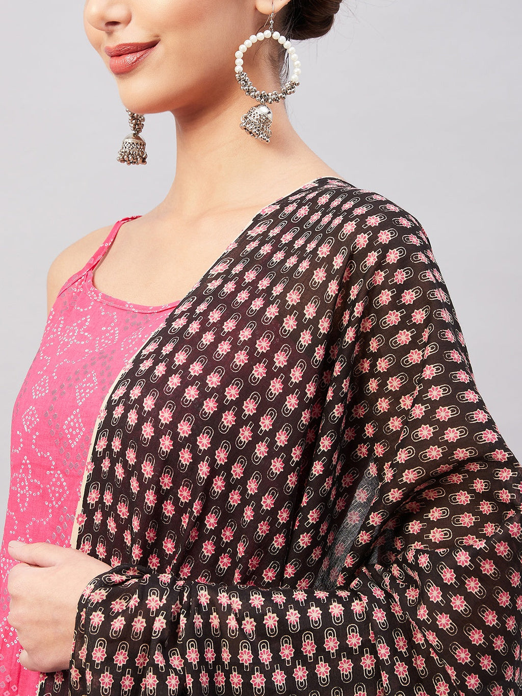 InWeave Women's Pink Bandhani Strappy Set W Black Pink Ethnic Dupatta
