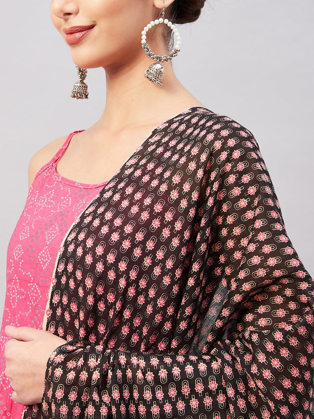 InWeave Women's Pink Bandhani Strappy Set W Black Pink Ethnic Dupatta