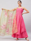 InWeave Women's Pink Bandhani Strappy Set W Golden Floral Organza Dupatta