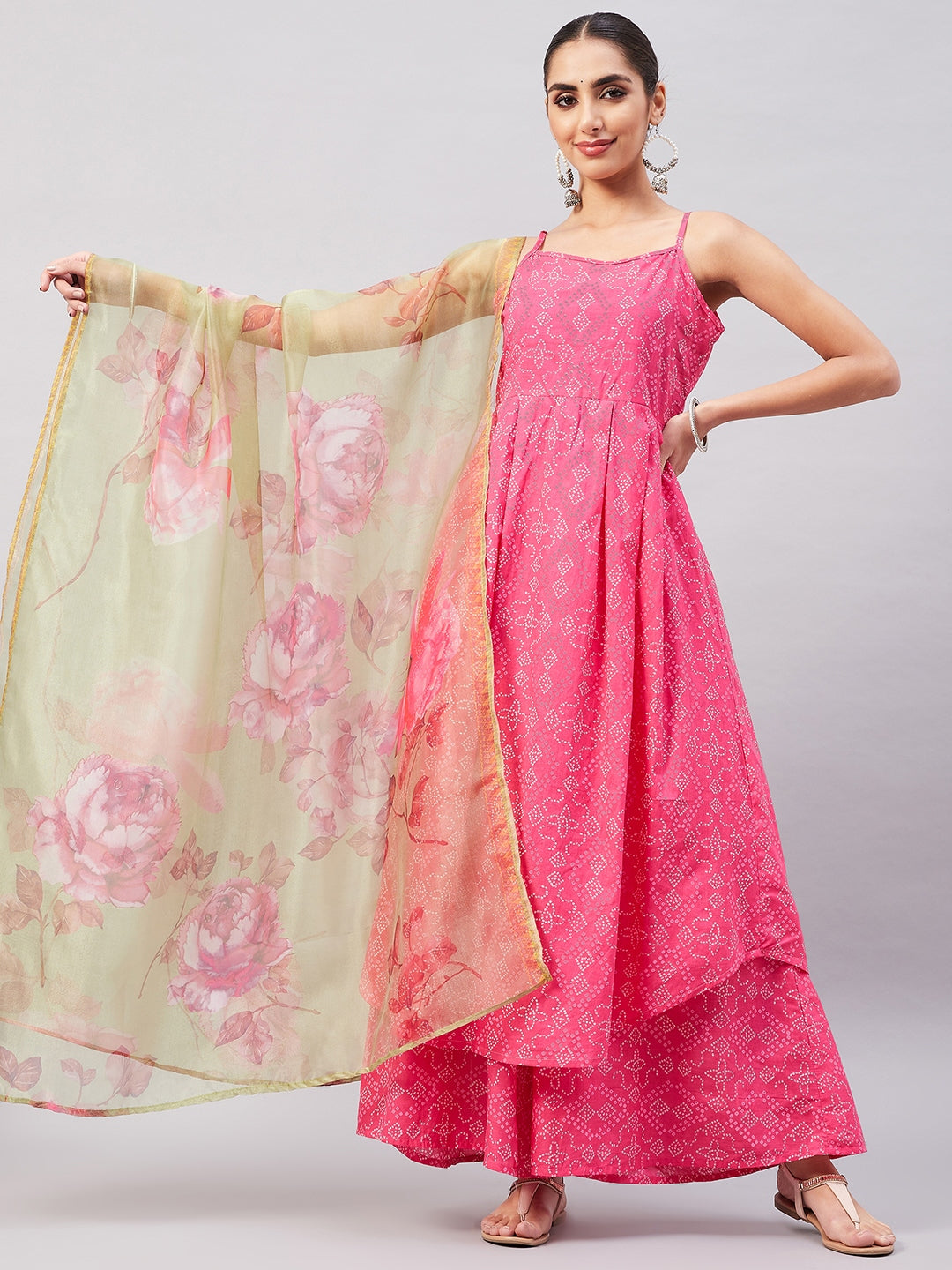 InWeave Women's Pink Bandhani Strappy Set W Golden Floral Organza Dupatta