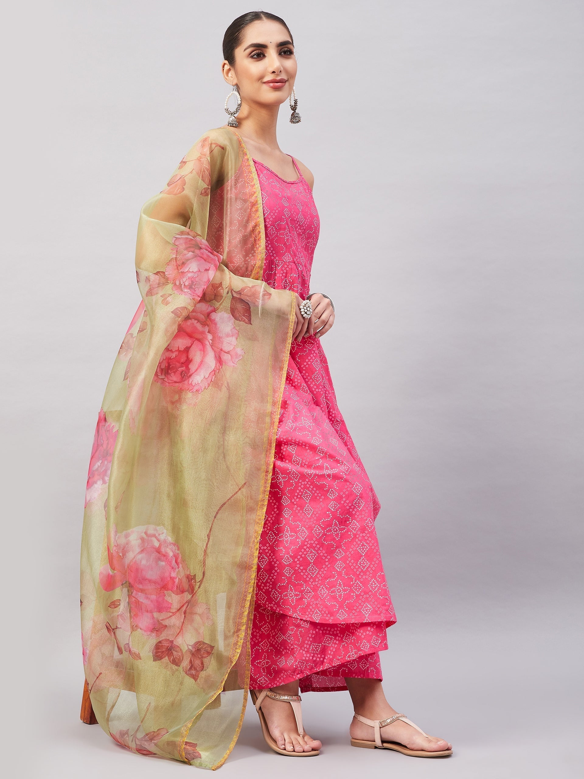 InWeave Women's Pink Bandhani Strappy Set W Golden Floral Organza Dupatta