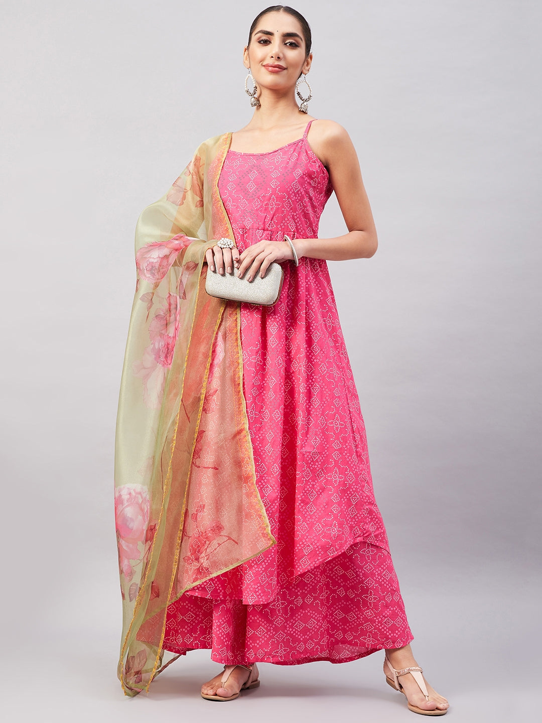 InWeave Women's Pink Bandhani Strappy Set W Golden Floral Organza Dupatta
