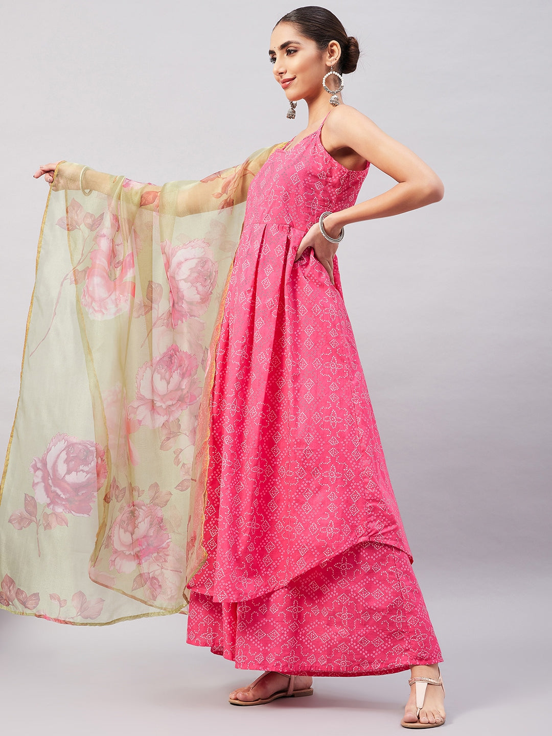 InWeave Women's Pink Bandhani Strappy Set W Golden Floral Organza Dupatta