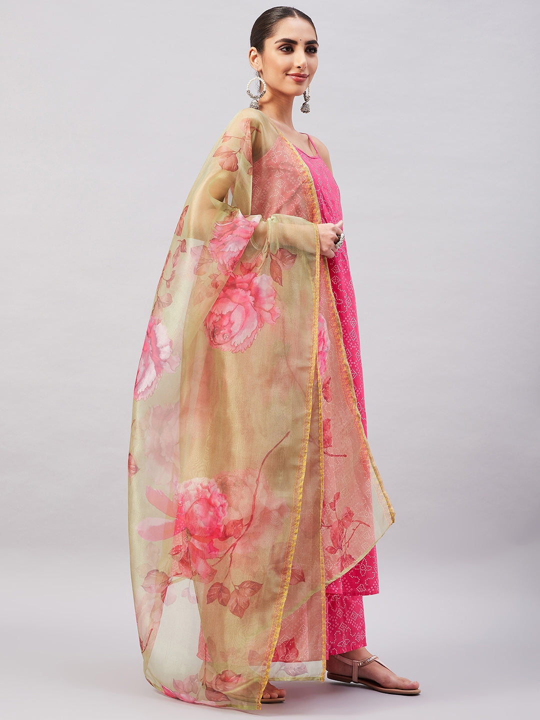 InWeave Women's Pink Bandhani Strappy Set W Golden Floral Organza Dupatta
