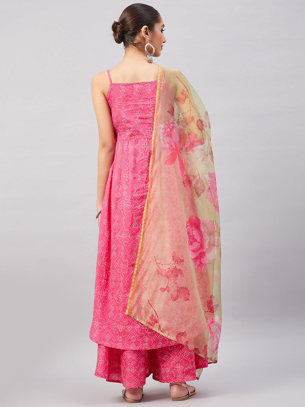 InWeave Women's Pink Bandhani Strappy Set W Golden Floral Organza Dupatta