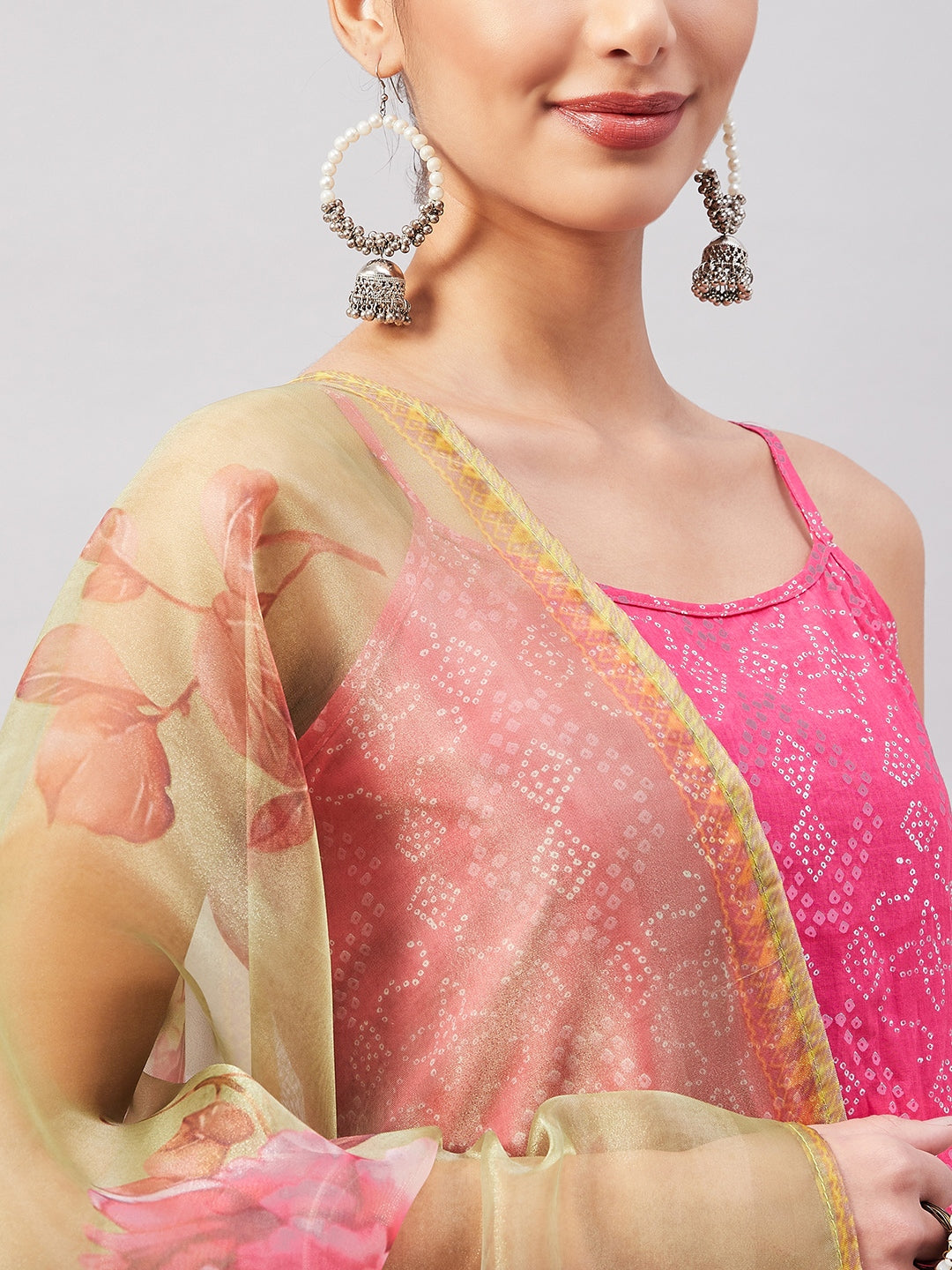 InWeave Women's Pink Bandhani Strappy Set W Golden Floral Organza Dupatta