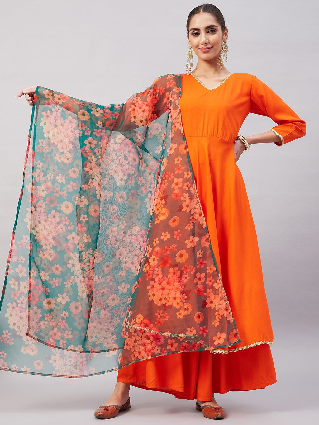 InWeave Women's Orange Gota Long Anrkali Kurta Set W Black Organza Dupatta