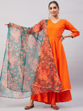 InWeave Women's Orange Gota Long Anrkali Kurta Set W Black Organza Dupatta