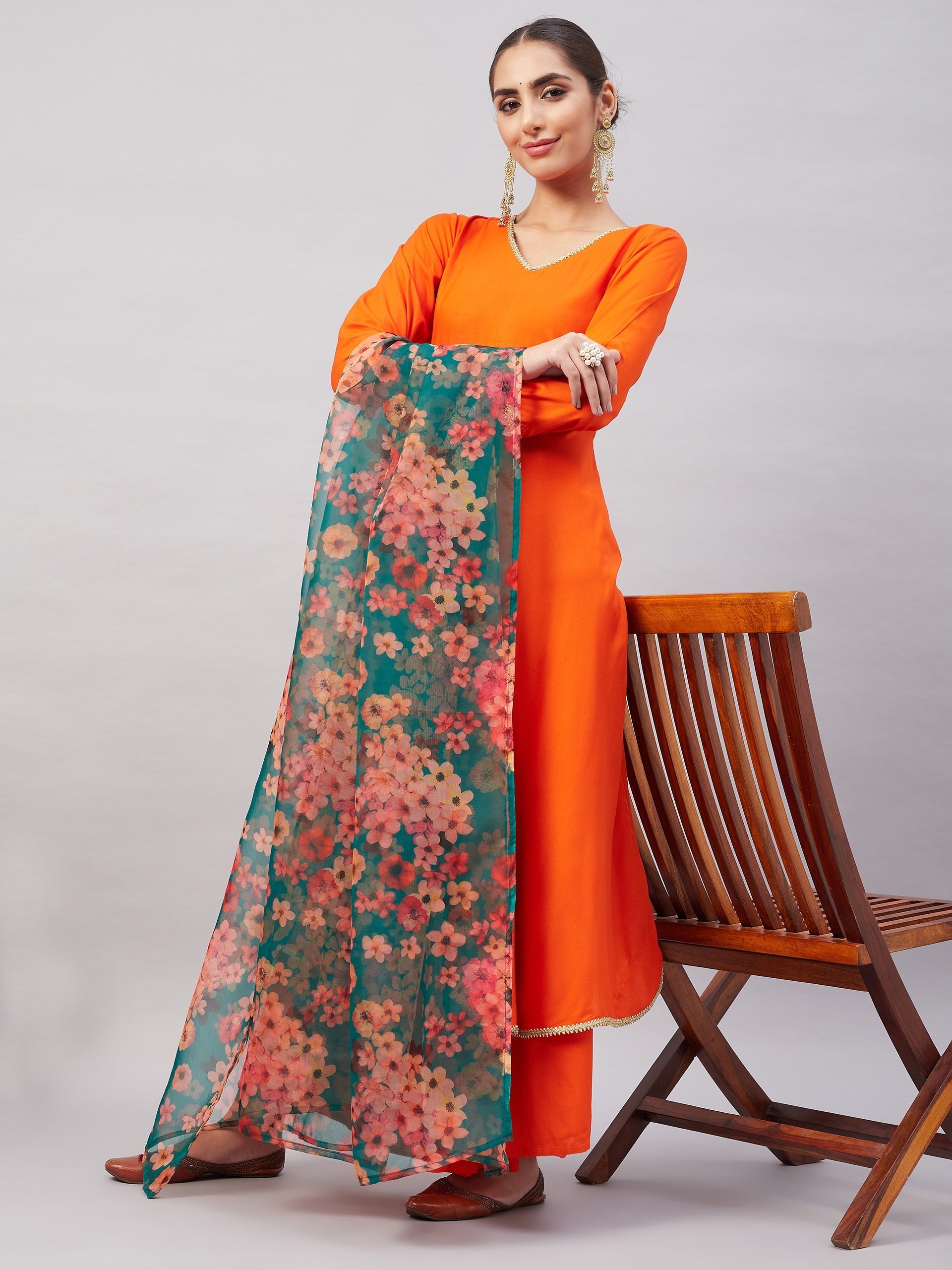InWeave Women's Orange Gota Long Anrkali Kurta Set W Black Organza Dupatta