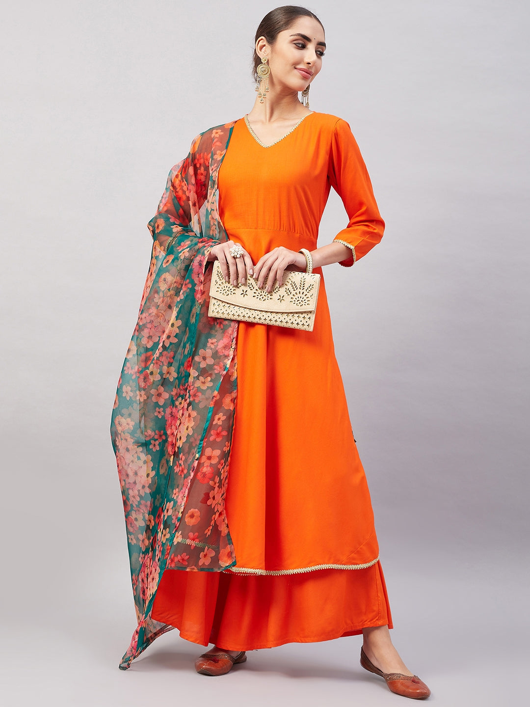 InWeave Women's Orange Gota Long Anrkali Kurta Set W Black Organza Dupatta