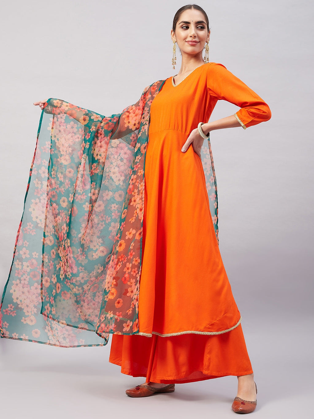 InWeave Women's Orange Gota Long Anrkali Kurta Set W Black Organza Dupatta