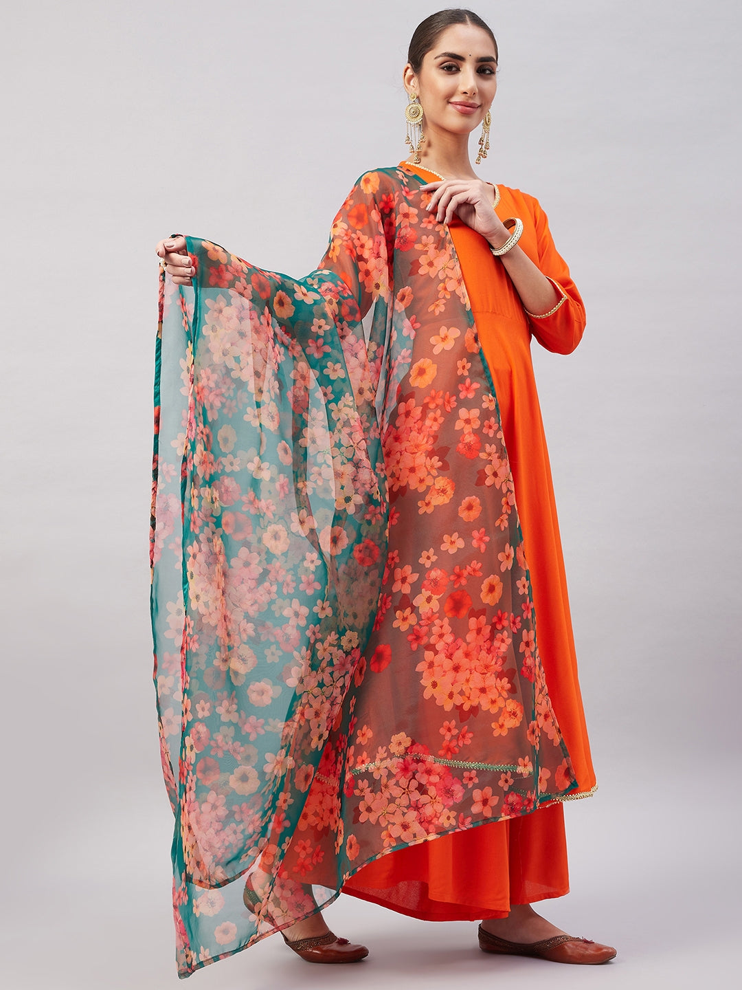 InWeave Women's Orange Gota Long Anrkali Kurta Set W Black Organza Dupatta