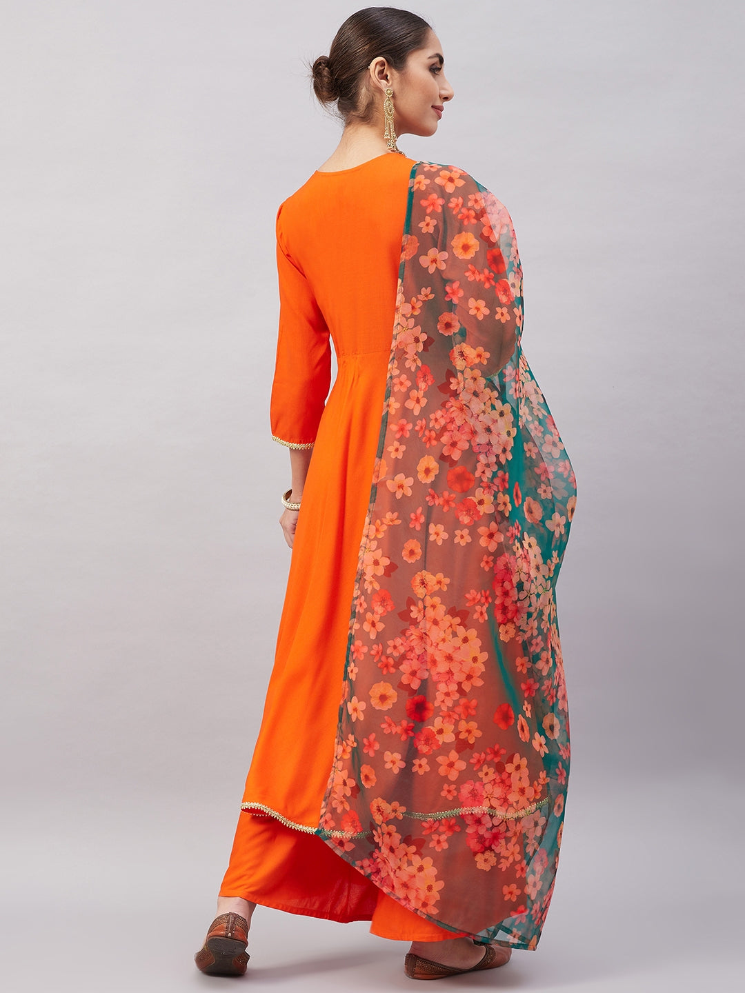 InWeave Women's Orange Gota Long Anrkali Kurta Set W Black Organza Dupatta