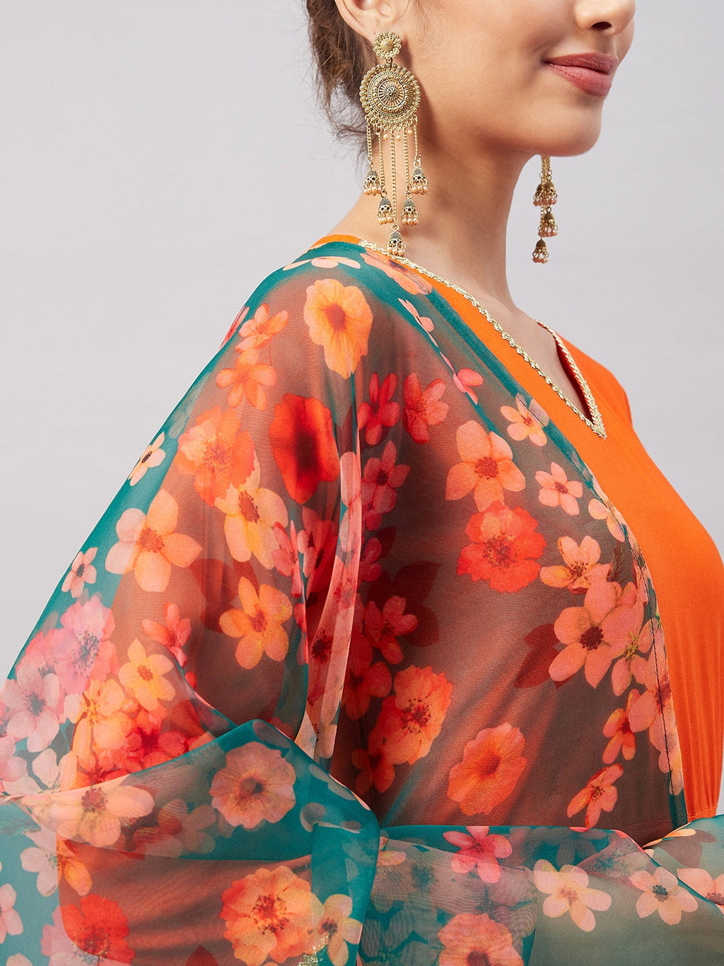 InWeave Women's Orange Gota Long Anrkali Kurta Set W Black Organza Dupatta