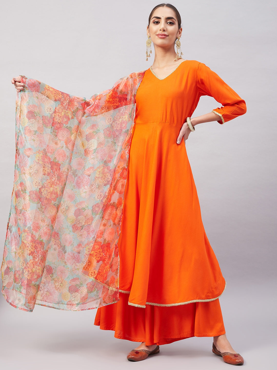 InWeave Women's Orange Gota Long Anrkali Kurta Set W Green Organza Dupatta