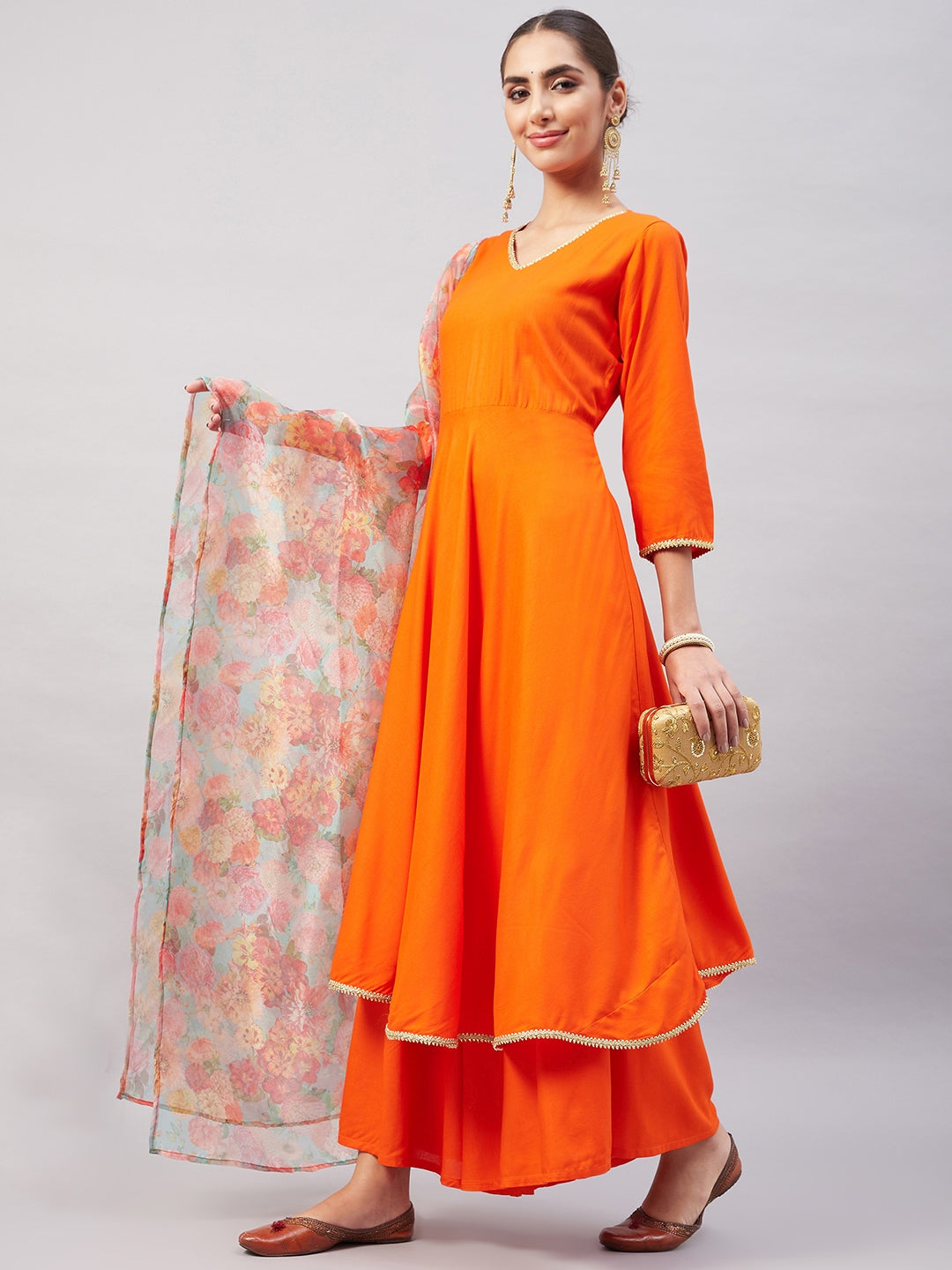 InWeave Women's Orange Gota Long Anrkali Kurta Set W Green Organza Dupatta