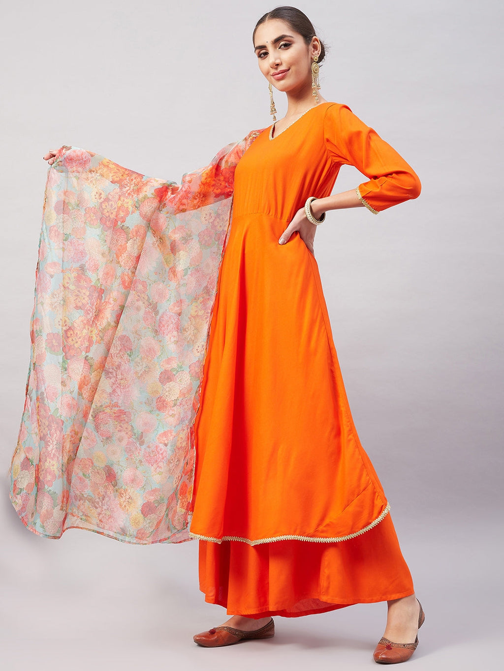 InWeave Women's Orange Gota Long Anrkali Kurta Set W Green Organza Dupatta