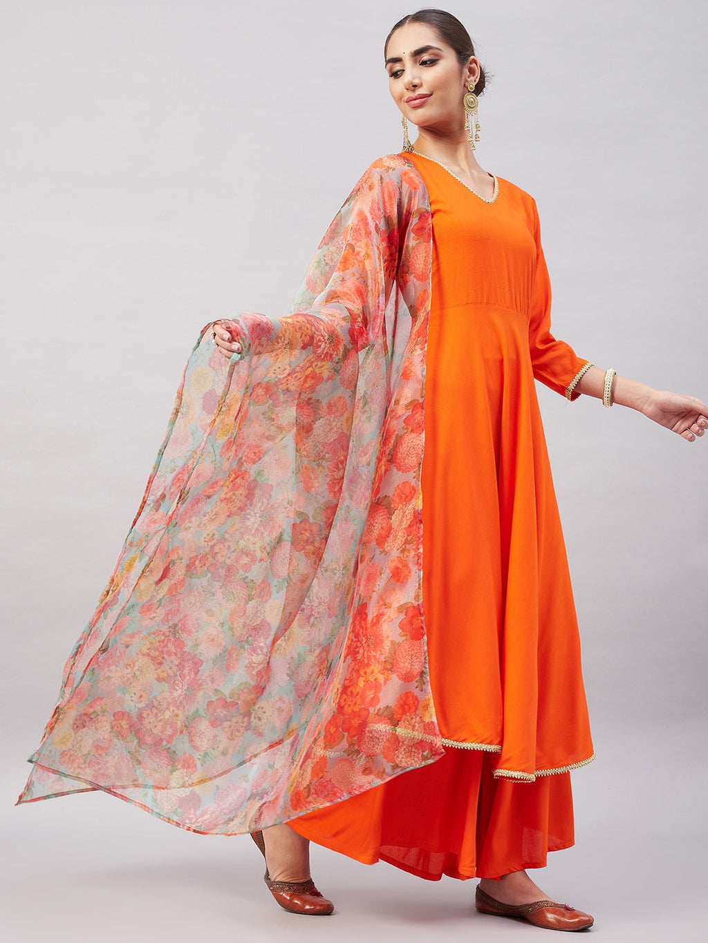 InWeave Women's Orange Gota Long Anrkali Kurta Set W Green Organza Dupatta
