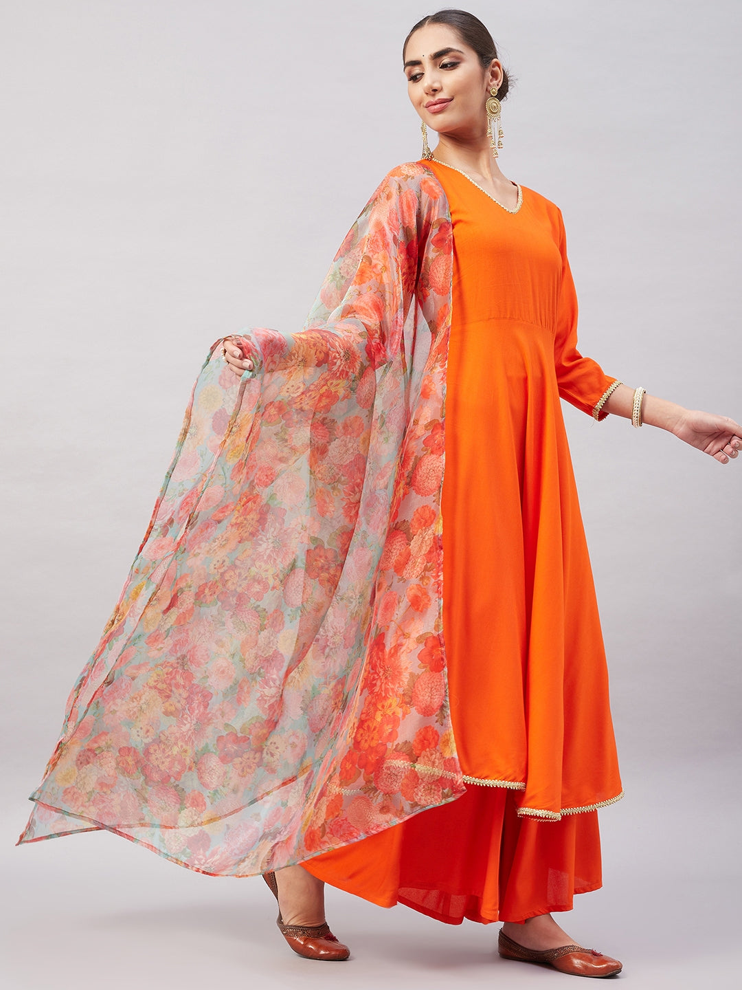 InWeave Women's Orange Gota Long Anrkali Kurta Set W Green Organza Dupatta