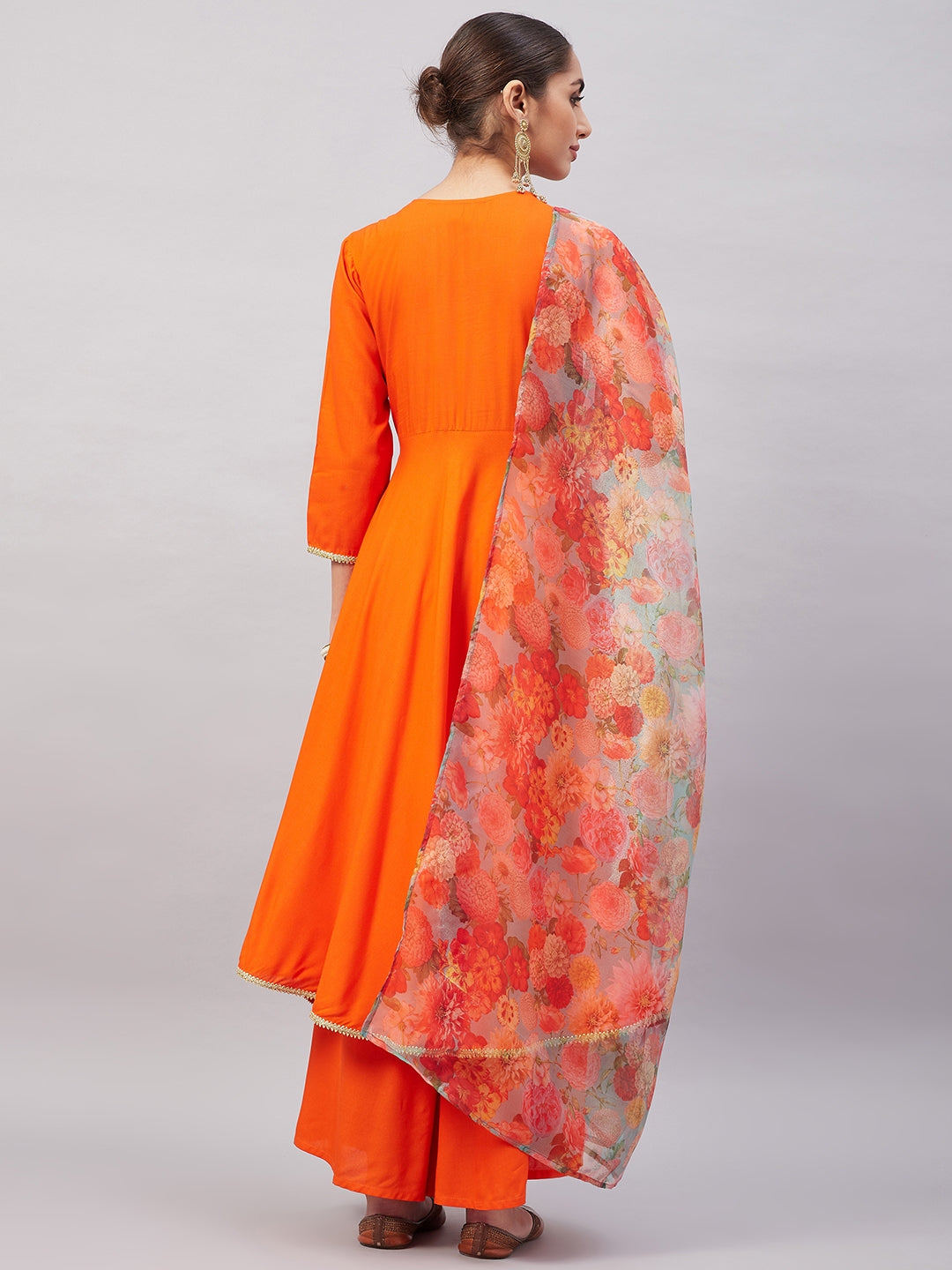 InWeave Women's Orange Gota Long Anrkali Kurta Set W Green Organza Dupatta