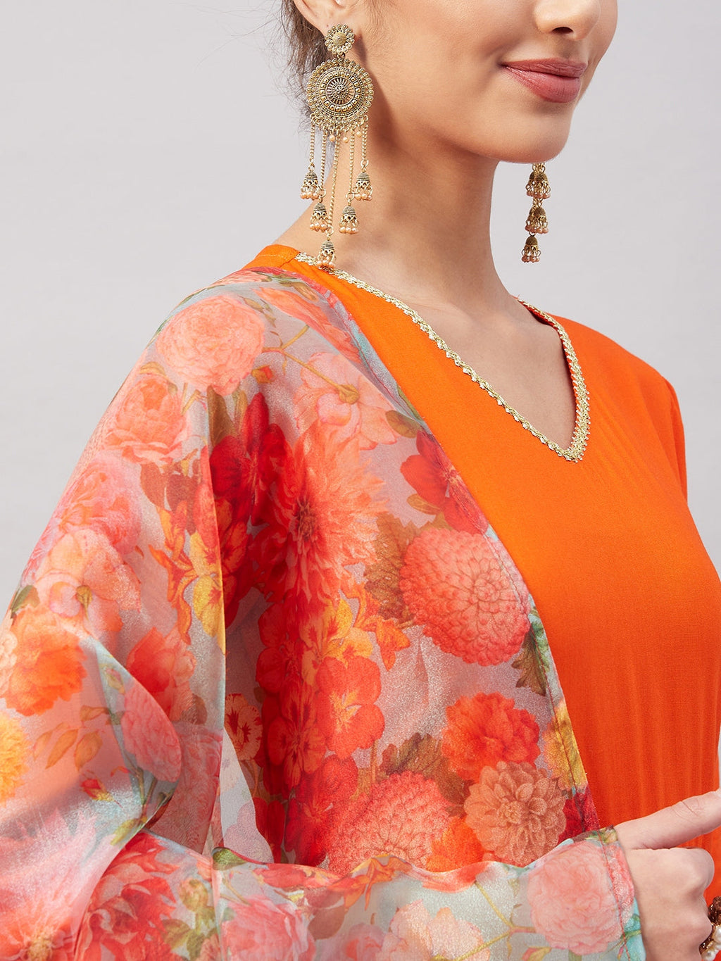 InWeave Women's Orange Gota Long Anrkali Kurta Set W Green Organza Dupatta