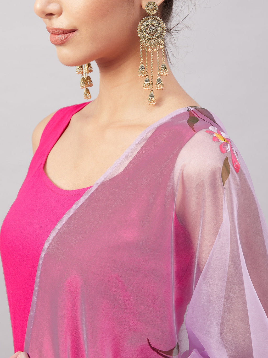InWeave Women's Fuchsia Sleeveless Kurta Set W Mauve Handpaint Organza Dupatta