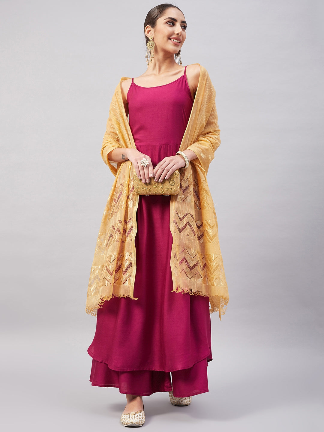 InWeave Women's Wine Solid Strappy Set With Gold Banarsi Zari Dupatta