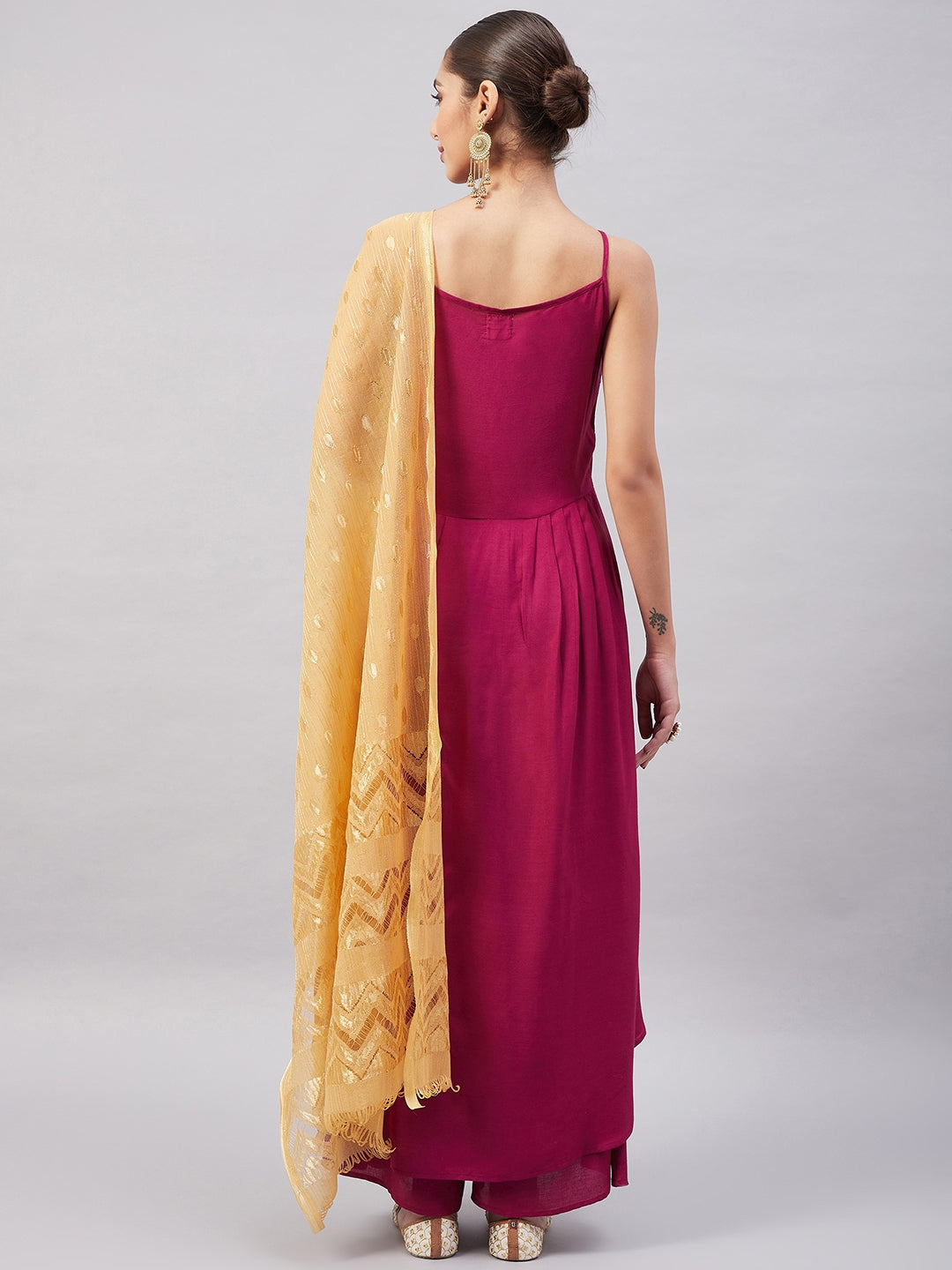 InWeave Women's Wine Solid Strappy Set With Gold Banarsi Zari Dupatta