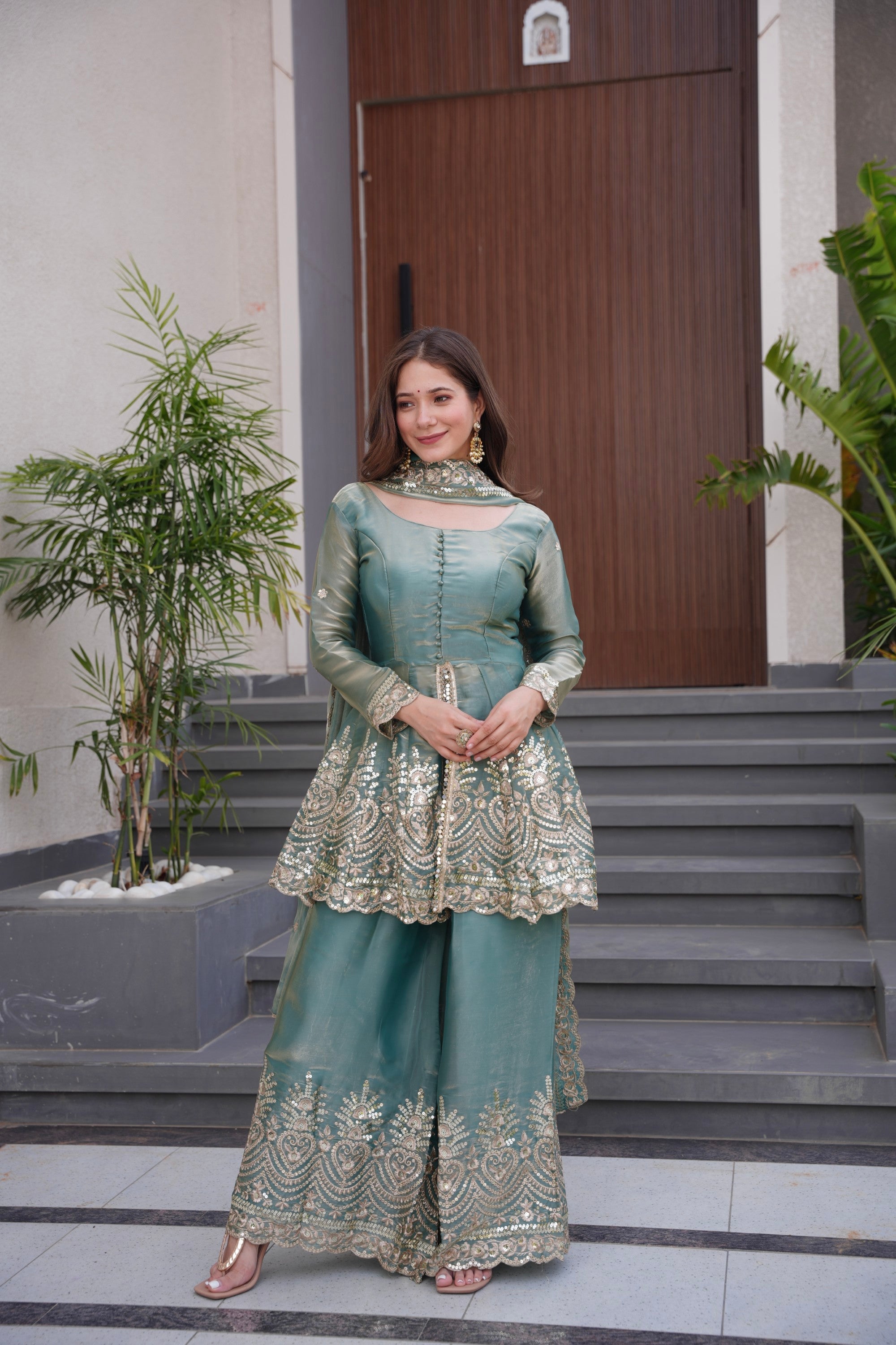 Lorenvalley Fashion Seagreen Fendy Satin Embroidery Sequins work with Real Mirror Kurta Palazzo with Dupatta