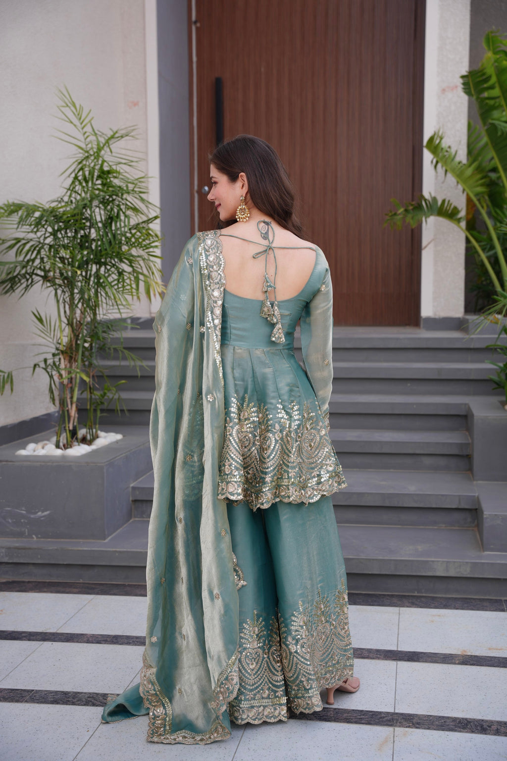 Lorenvalley Fashion Seagreen Fendy Satin Embroidery Sequins work with Real Mirror Kurta Palazzo with Dupatta