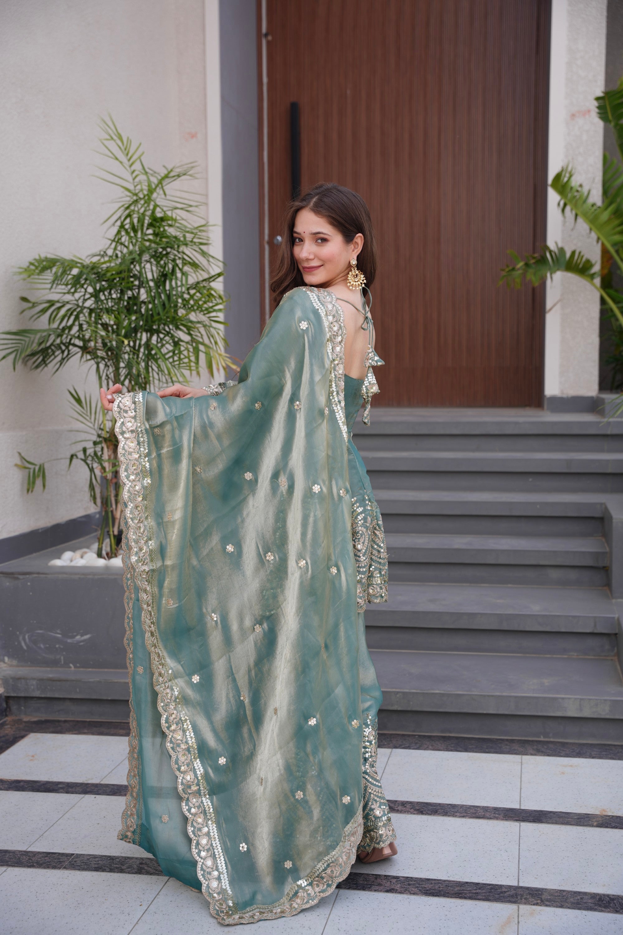 Lorenvalley Fashion Seagreen Fendy Satin Embroidery Sequins work with Real Mirror Kurta Palazzo with Dupatta