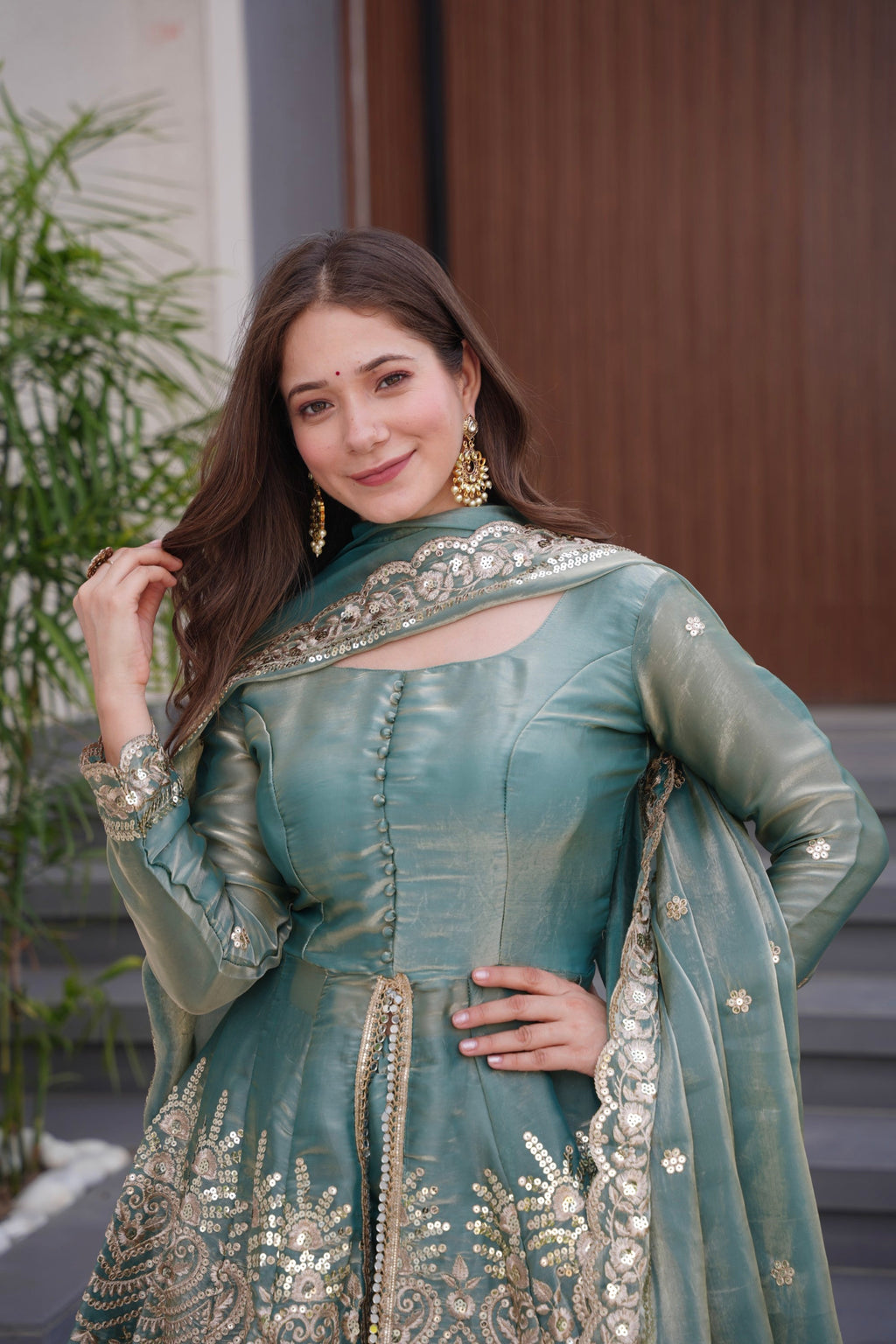 Lorenvalley Fashion Seagreen Fendy Satin Embroidery Sequins work with Real Mirror Kurta Palazzo with Dupatta