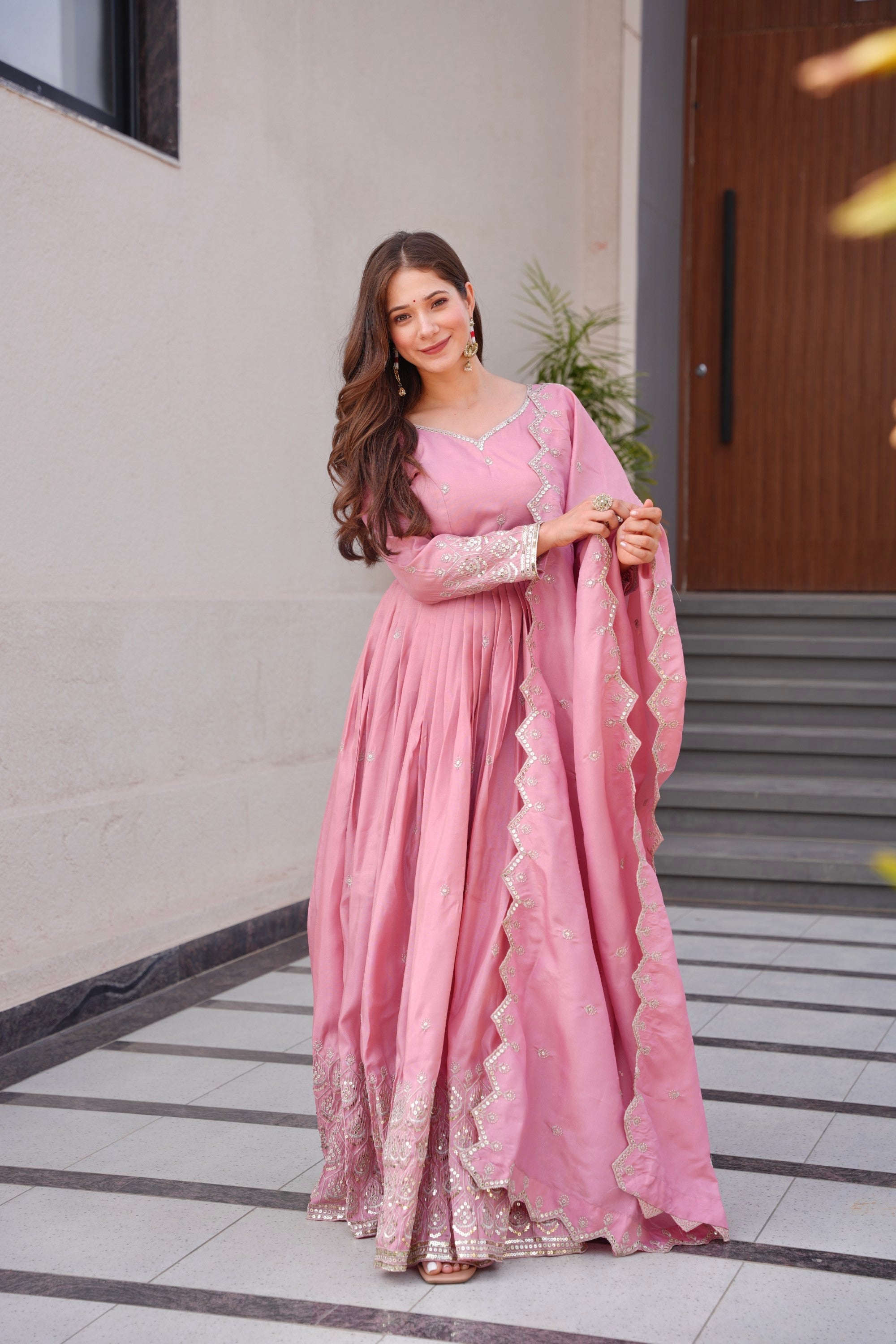 Lorenvalley Fashion Pink Shimmer Silk with Embroidery Sequins Work Anarkali Gown with Dupatta
