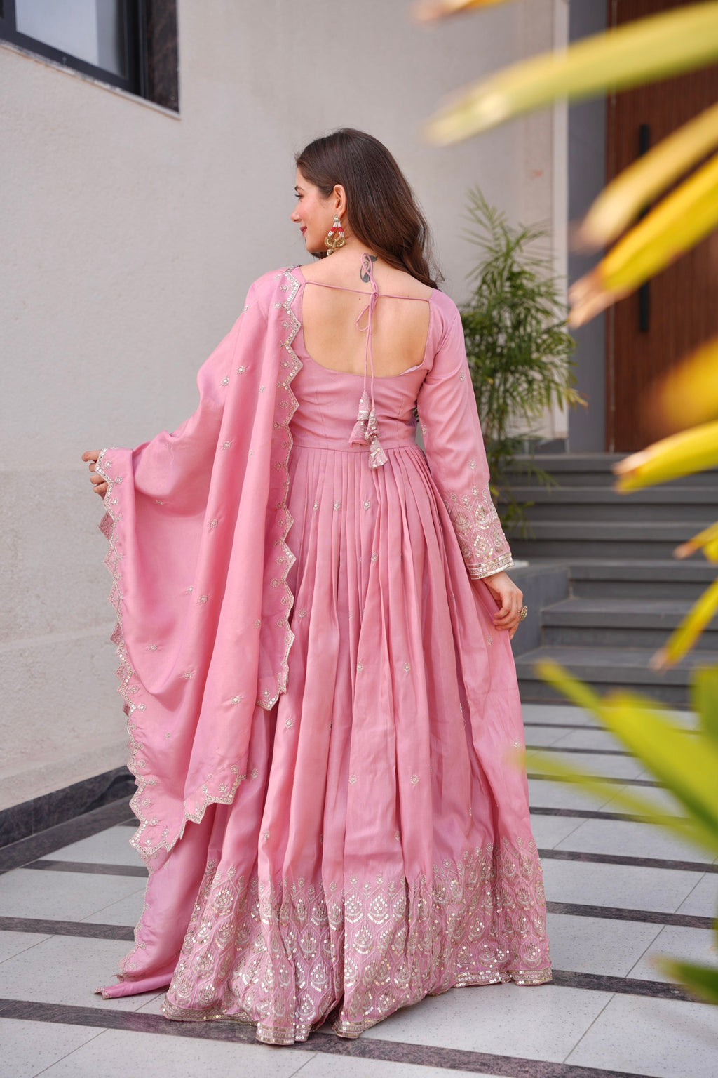 Lorenvalley Fashion Pink Shimmer Silk with Embroidery Sequins Work Anarkali Gown with Dupatta
